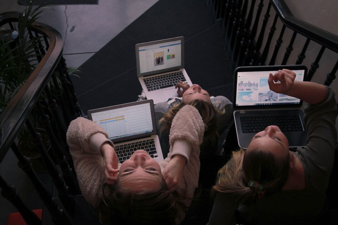 Professionals working together on laptops